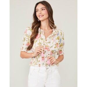 Spartina 449 Anya Smocked Blouse Women's XL Floral Print Smocked Cropped Top